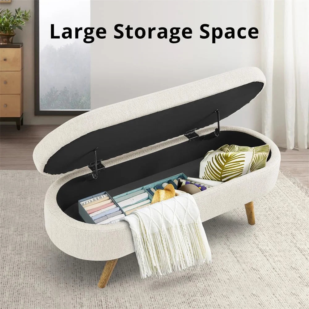 Sumdeal 43.5" Storage Ottoman Bench with 250lb Seating, Linen Upholstered Wood Legs Safety Hinge Flip Top Oval Foot Rest Long Stool for Sofa Couch Bedroom End of Bed Living Room Entryway, White