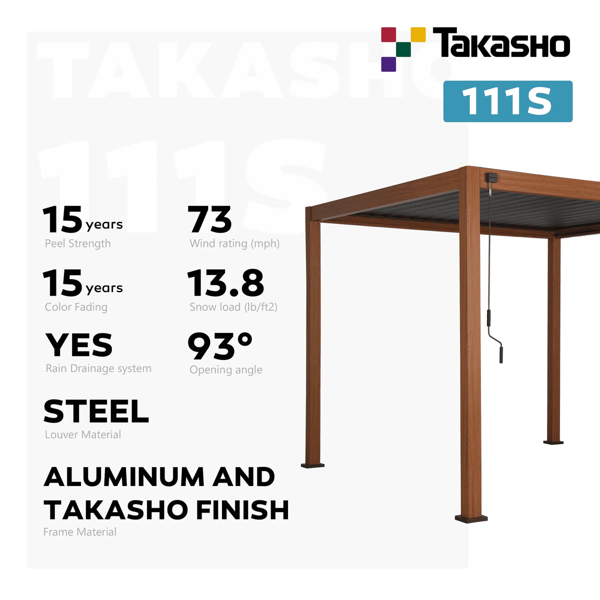 Mirador 10'x 10' 111S Outdoor Aluminum Pergola w/ Adjustable Rainproof Louver for Garden, Patio, Backyard, Takasho/Wood Grain