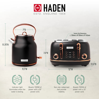 Haden Heritage 1500 1.7 Electric Kettle, Matte Black Finish with Copper Accents