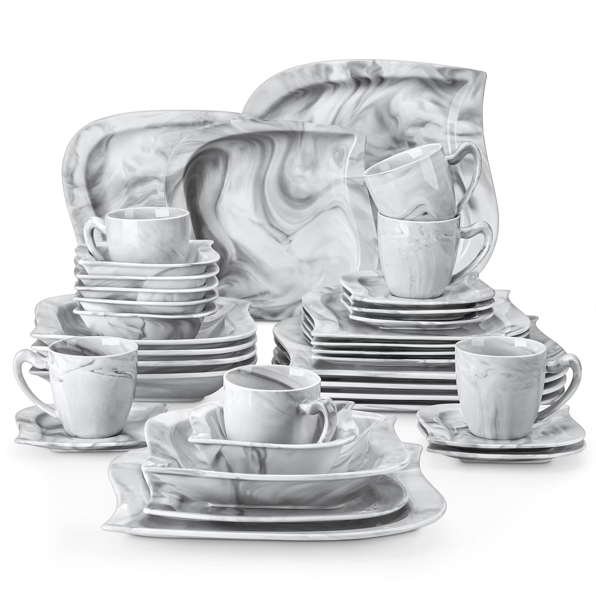 vancasso 36 pcs Dinnerware Sets, Plates and Bowls Set for 6, Porcelain Dinner Set, Marble Gray