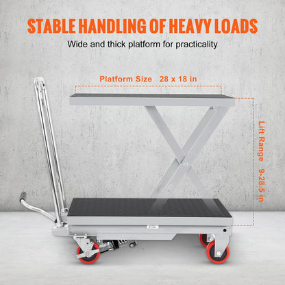 BENTISM Hydraulic Lift Table Cart 500 lbs Manual Scissor Lift Table 28.5" Gray