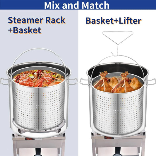 100QT Seafood Boiling Kit, 200,000BTU Propane Burner And Stainless Steel Crawfish Boil Pot w/Basket and Steamer Rack, For Outdoors Cooking and Steaming, Large Turkey Fryer Pot, Lobster Shrimp Pot