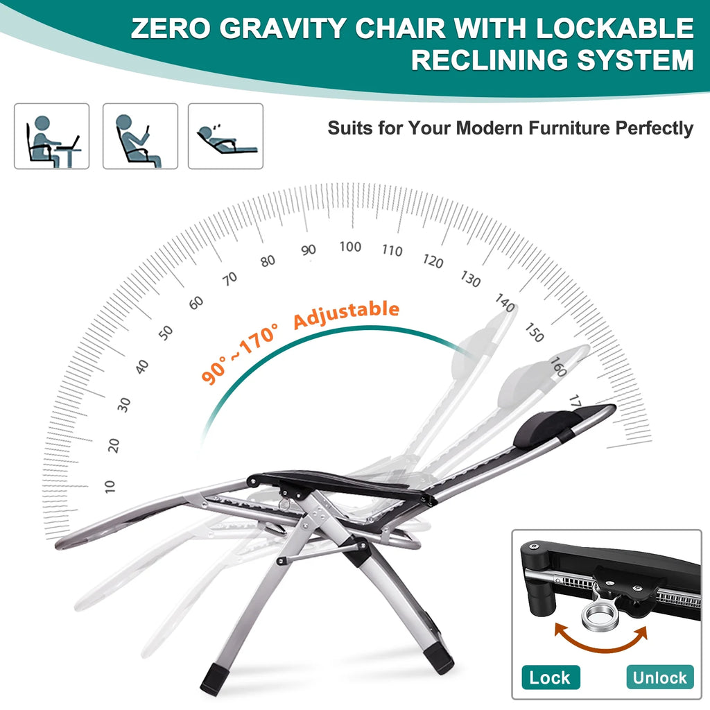 MOPHOTO Zero Gravity Chair Folding Outdoor Patio Recliner with Detachable Cushion,Cup Holder,Headrest,26"D x 20"W x 45"H