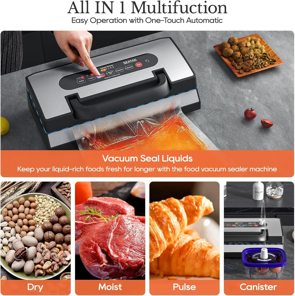 Upgraded Vacuum Sealer for Liquid, 90Kpa Vacuum Sealer Machine for Dry/Moist/Liquid Food, Easy-Lock Handle, Double Heat Seal, Built-in Cutter and Bag Storage & Removable Drip Tray