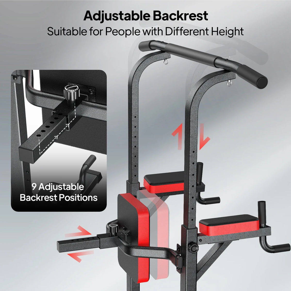 LNOW Multifunction Power Tower Pull up Bar Dip Station Power Rack with Adjustable Backrest for Home Gym Strength Training Workout Equipment Max Weight 480lbs