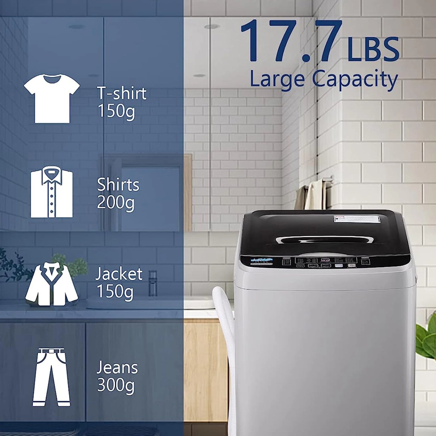 Full-Automatic Washing Machine, Portable Laundry Washer, Compact 17.7 lbs, LED Display, Drain Pump, 10 Wash Programs 8 Water Levels