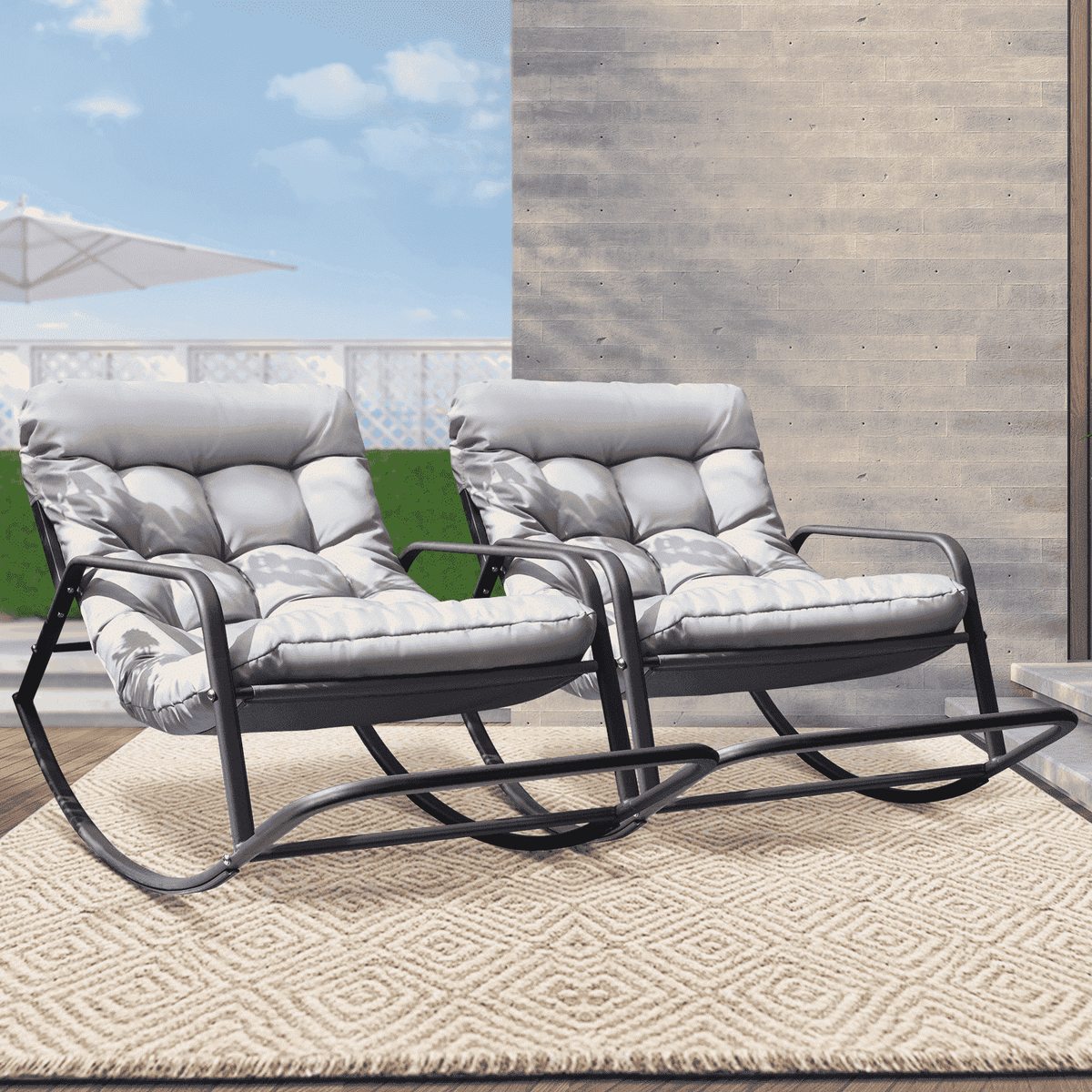 RADIATA Oversized Rocking Chair with Footrest, RADIATA Patio Papasan Rocking Recliner for Indoor Outdoor Use, Heavy Duty Wicker Lounge Chair, 450lbs, Beige