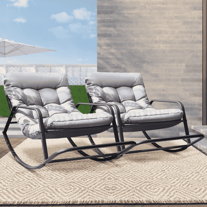 RADIATA Oversized Rocking Chair with Footrest, RADIATA Patio Papasan Rocking Recliner for Indoor Outdoor Use, Heavy Duty Wicker Lounge Chair, 450lbs, Beige
