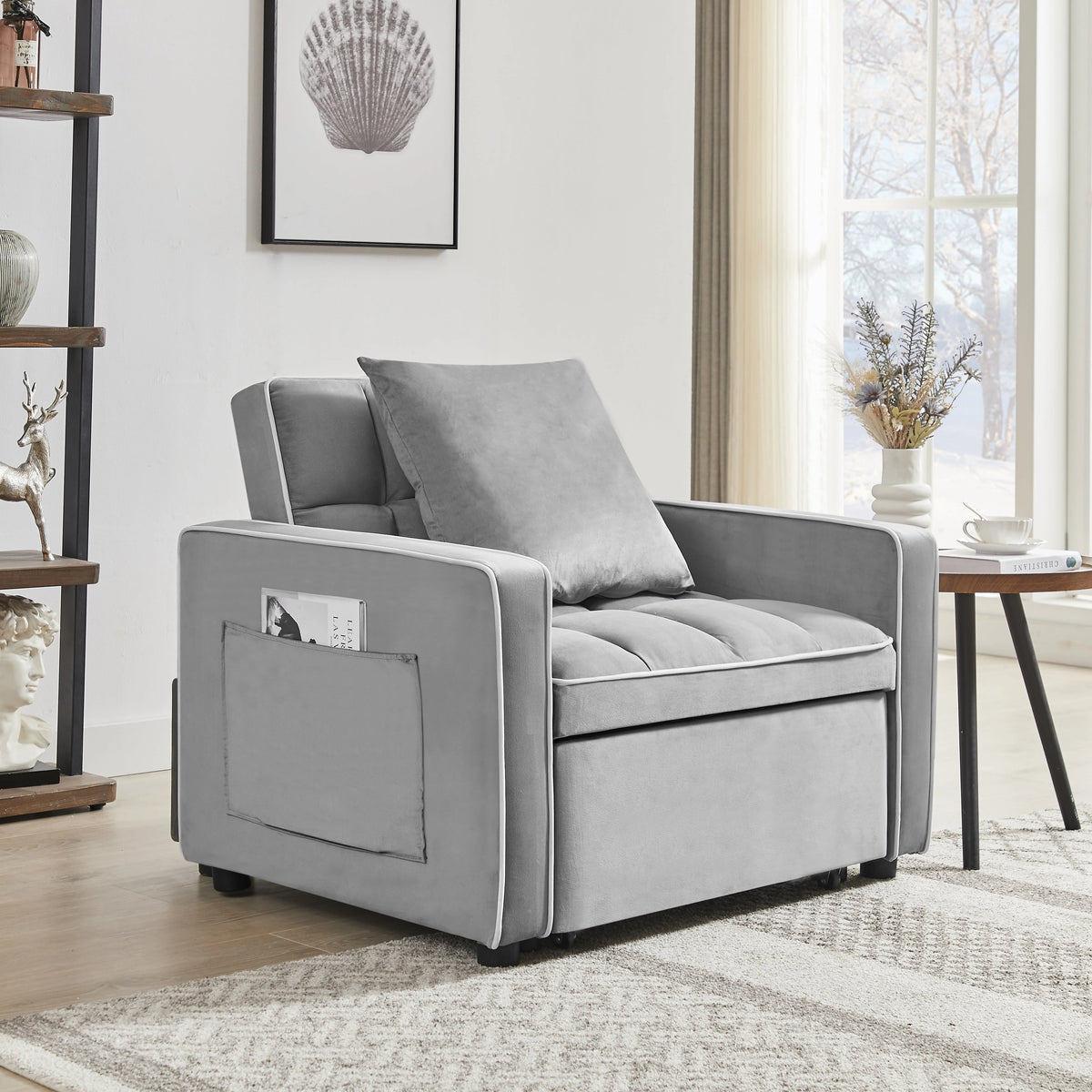 Muumblus Sleeper Sofa Chair Bed, 3-in-1 Convertible Sofa Chair with Pull Out Bed, Modern Adult Velvet Pull Out Sofa Bed for Living Room Apartment Small, Gray