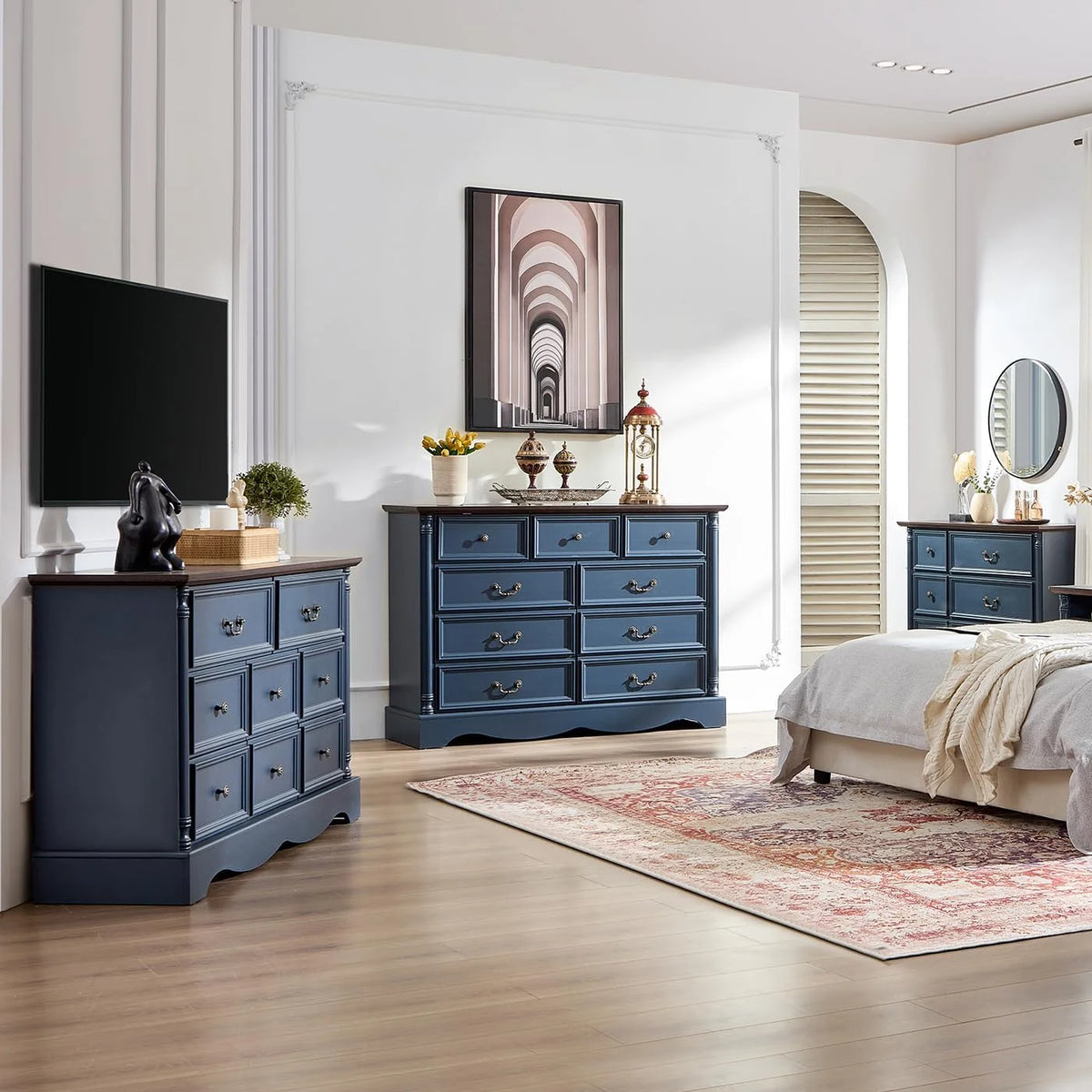 ZBOM 9 Drawer Dresser, 54 Inch Wide Farmhouse Style Chest of Drawers with Charging Station, Distressed Finish Design, Modern Storage Dresser Organizer TV Stand for Bedroom, Living Room