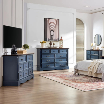 ZBOM 9 Drawer Dresser, 54 Inch Wide Farmhouse Style Chest of Drawers with Charging Station, Distressed Finish Design, Modern Storage Dresser Organizer TV Stand for Bedroom, Living Room