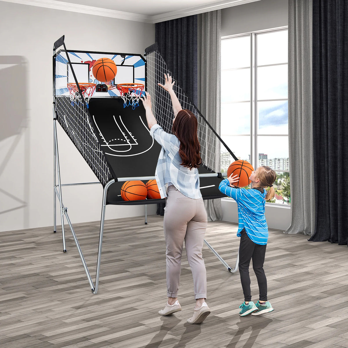 Costway Dual LED Electronic Shot Basketball Arcade Game with 8 Game Modes 4 Balls Foldable Grey
