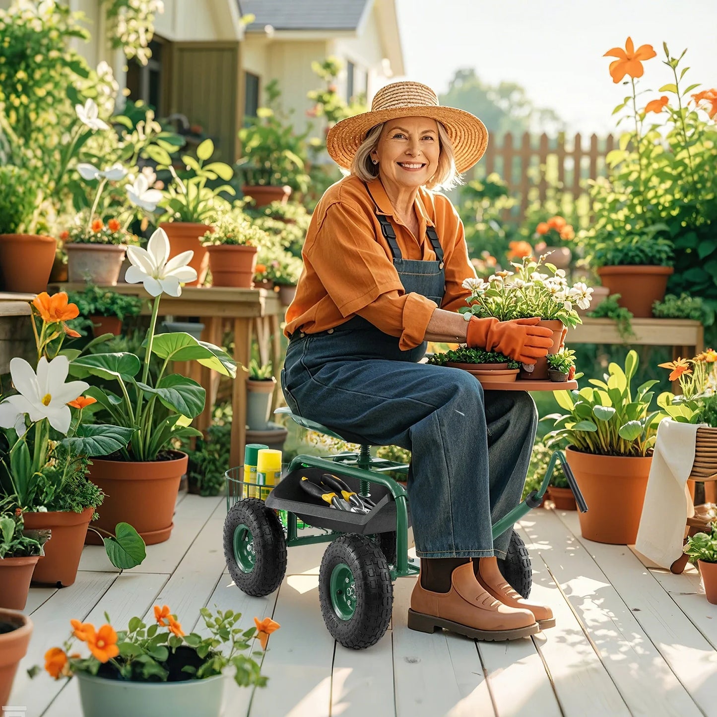 Costway Garden Cart Rolling Work Seat for Planting with Extendable Handle Green