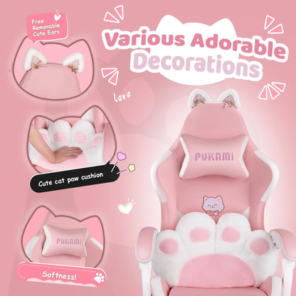 Waleaf Pink Gaming Chair with Cat Paw Lumbar Cushion and Cat Ears for Girls, Reclining Office Computer Chair with Footrest for Adults, Teens