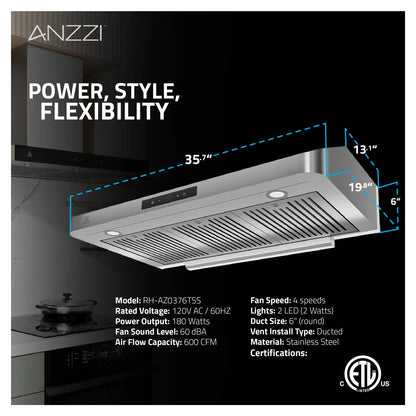 Anzzi RH-AZ0391TSS 36 in. 600 CFM 4-Speed Stainless Steel Under Cabinet Convertible Residential Range Hood with LED Lamp