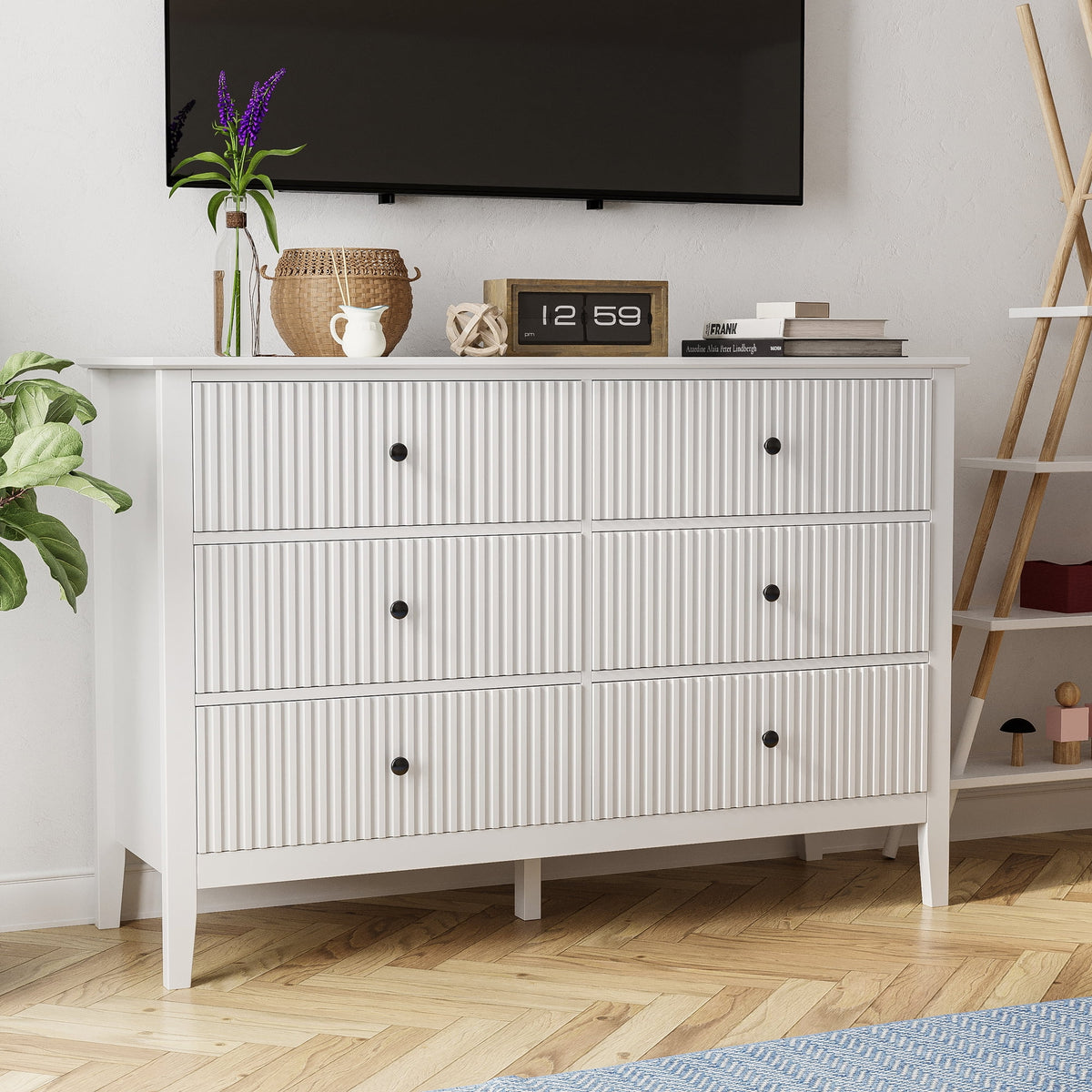 May Color Large White 3 Drawer Dresser Set of 2 with Fluted Panel, Modern Chest of Drawers with Silent Slide Drawers, Wood Accent Nightstand with Storage for Bedroom Living Room, Hallway
