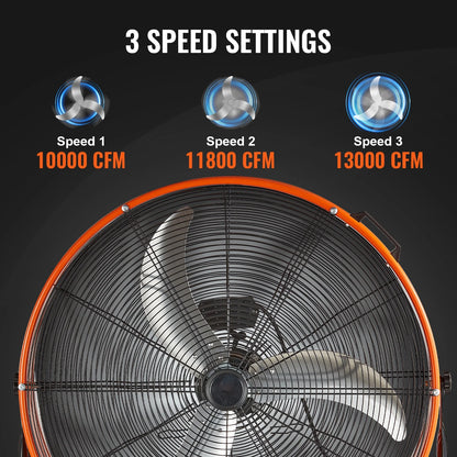 KFFKFF Industrial Drum Fan, 30 Inch with High Speed, 3-Speed 13000CFM, Heavy Duty for Commercial Purposes, 360° Flexible Tilt Mechanism, Ideal for Warehouse, Workshop, Factory, and Basement
