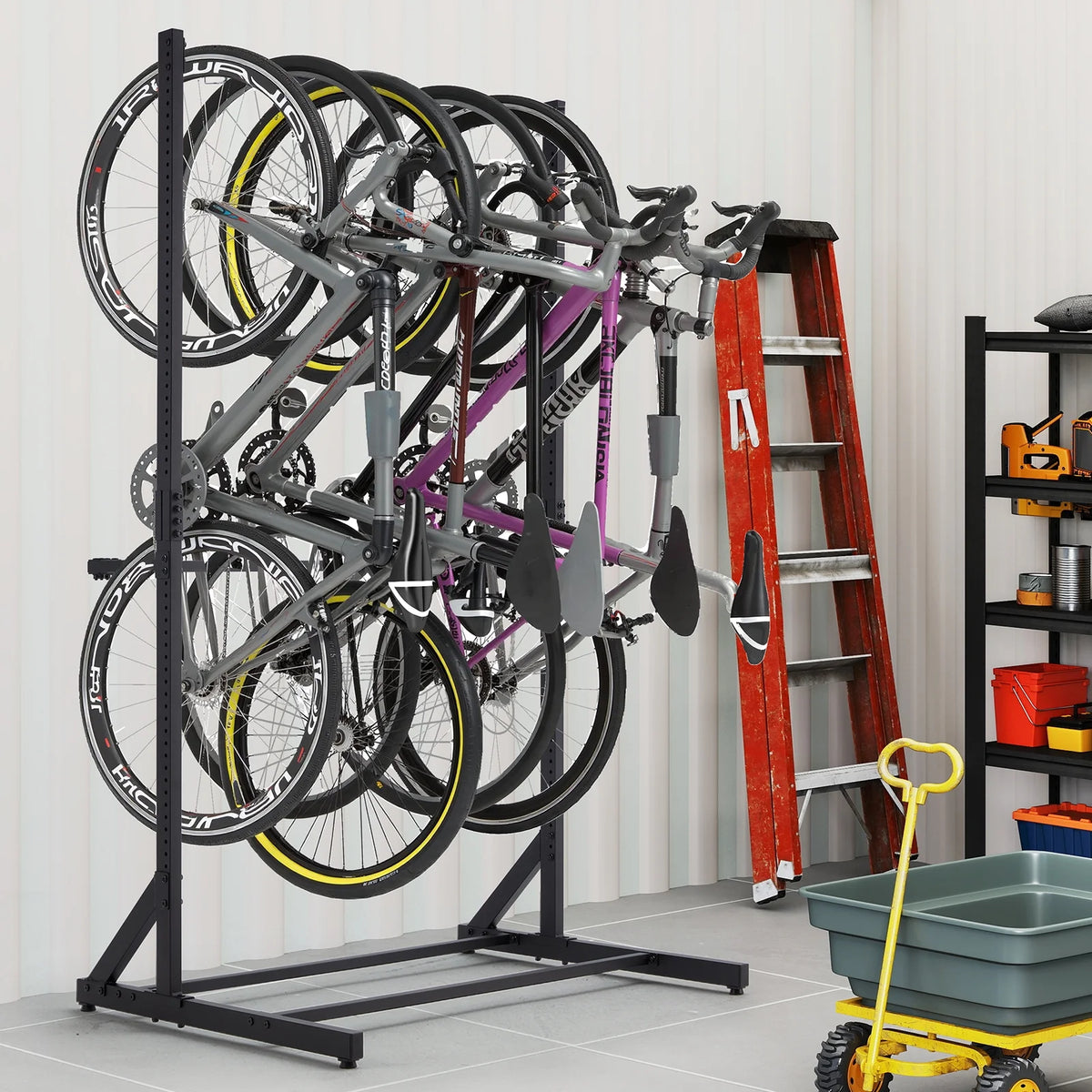 Danrelax Freestanding Bike Storage Rack, 300 lbs 5 Bikes Capacity, Vertical Bike Rack for Garage, Adjustable Hooks, Indoor Bicycle Storage Stand for Home, Black