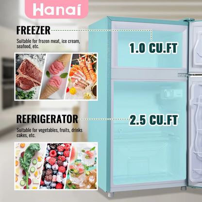 3.5 Cu.ft Compact Refrigerator WANAI Dual Doors Handles Mini Fridge with Top Freezer Blue New