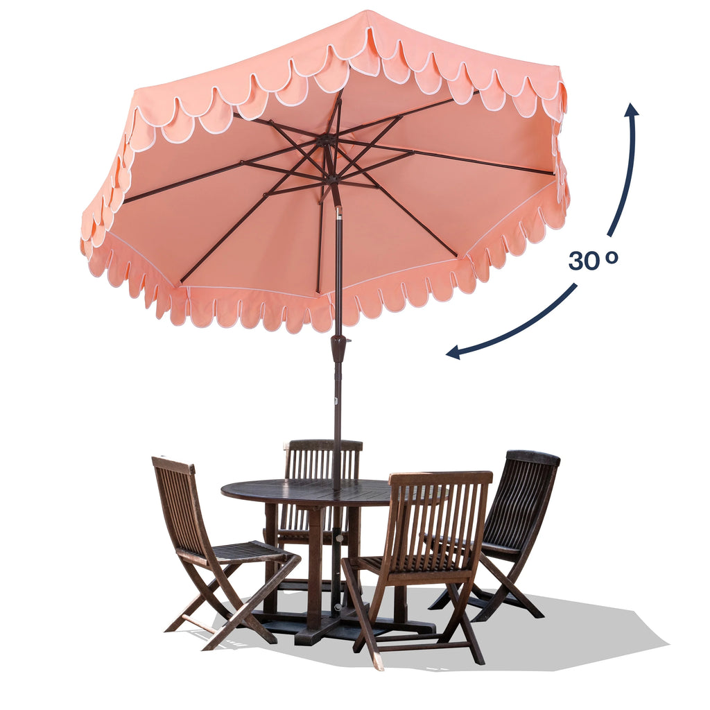 JONATHAN Y Tracy 9 ft. Market Patio Umbrella, Classic Mid-Century Scalloped Fringe, with Auto-Tilt Crank, Wind Vent and UV Protection, Coral Pink/White, Dark Brown Pole