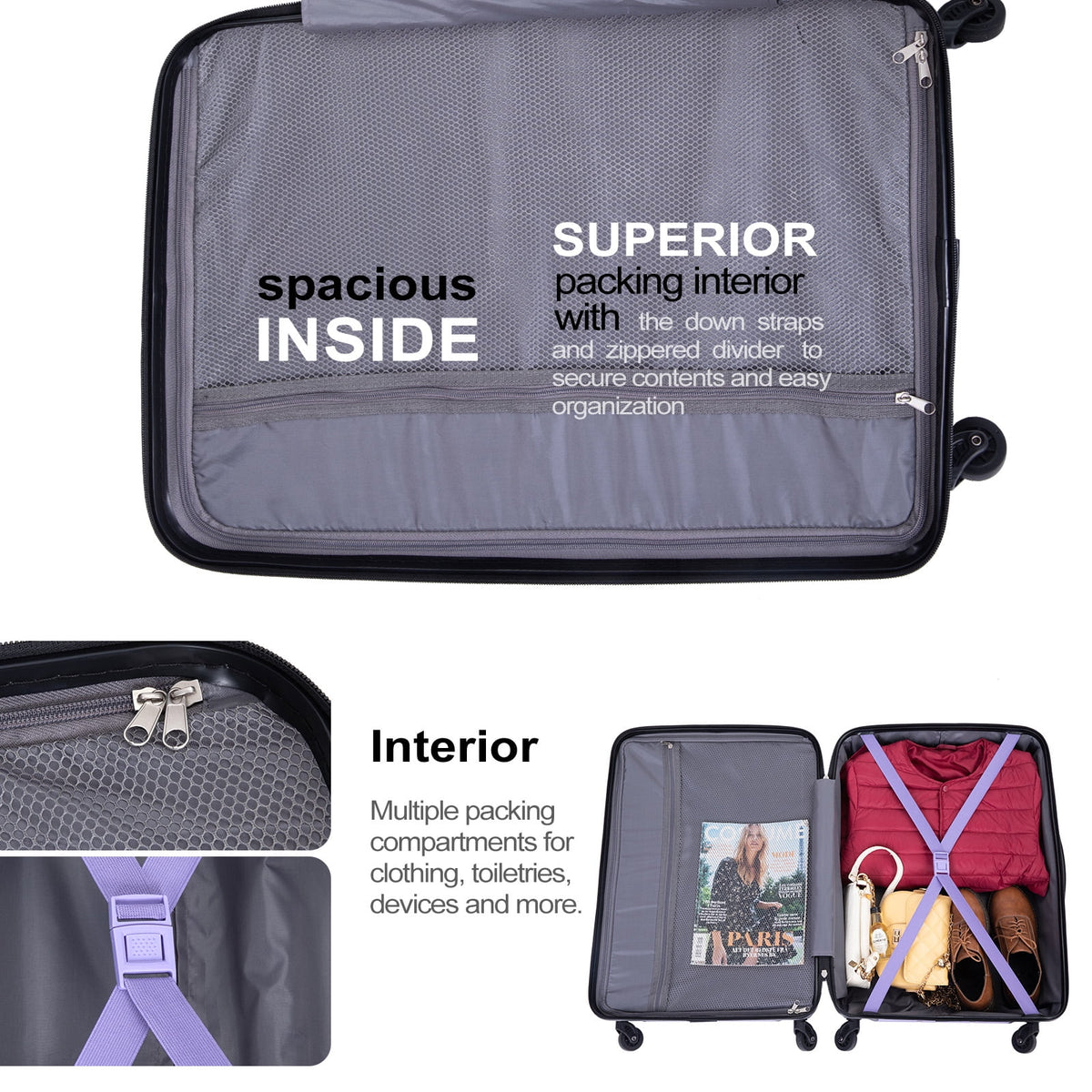 Tripcomp Hardside Luggage Set 3-Piece Set (21/25/29) Lightweight Suitcase 4-Wheeled Suitcase Set(Purple)