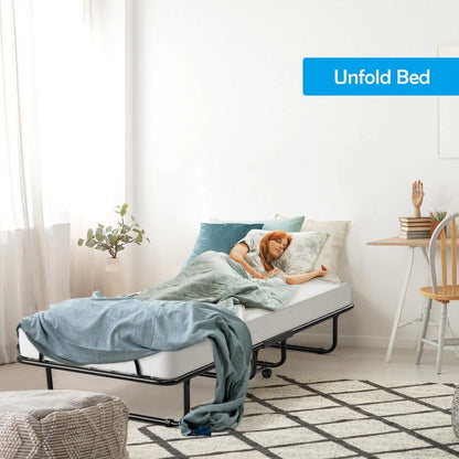 75" x 31" x 13" Folding Bed with Mattress, Rollaway Bed Metal Frame on Wheels, Portable Foldable Guest Bed for Adults, Cot Size Fold up Bed with Memory Foam Mattress