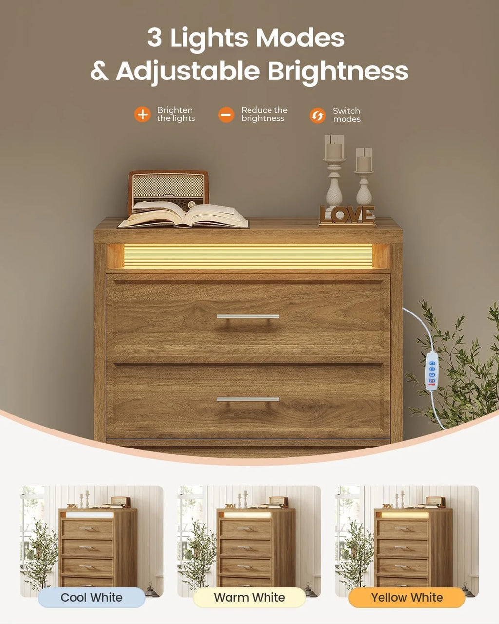 AOGLLATI Mid-Century Modern Dresser for Bedroom with 5 Drawer, Dressers& Chests of Drawers, 44.5�� Tall Wood Dresser with 3 Color Lights for Bedroom, Wood
