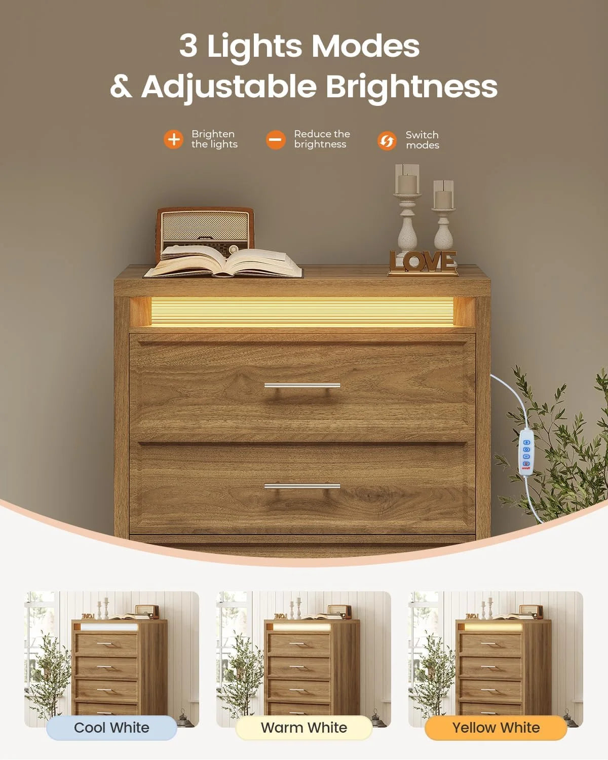 AOGLLATI Mid-Century Modern Dresser for Bedroom with 5 Drawer, Dressers& Chests of Drawers, 44.5�� Tall Wood Dresser with 3 Color Lights for Bedroom, Wood
