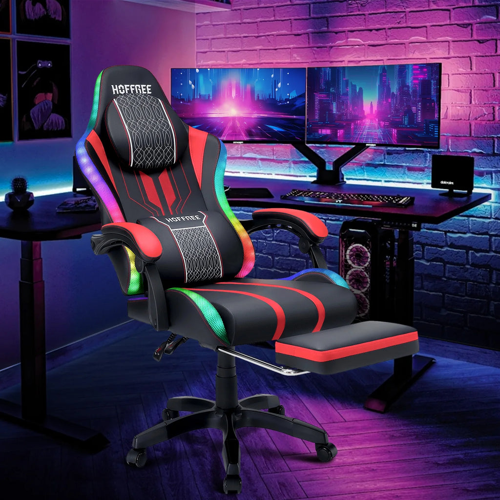 HOFFREE Big and Tall Gaming Chair with Speakers and RGB Lights, Gamer Chair with Footrest, Lumbar Support Height Adjustable 360-Swivel Seat and Headrest for Adults, 400lbs
