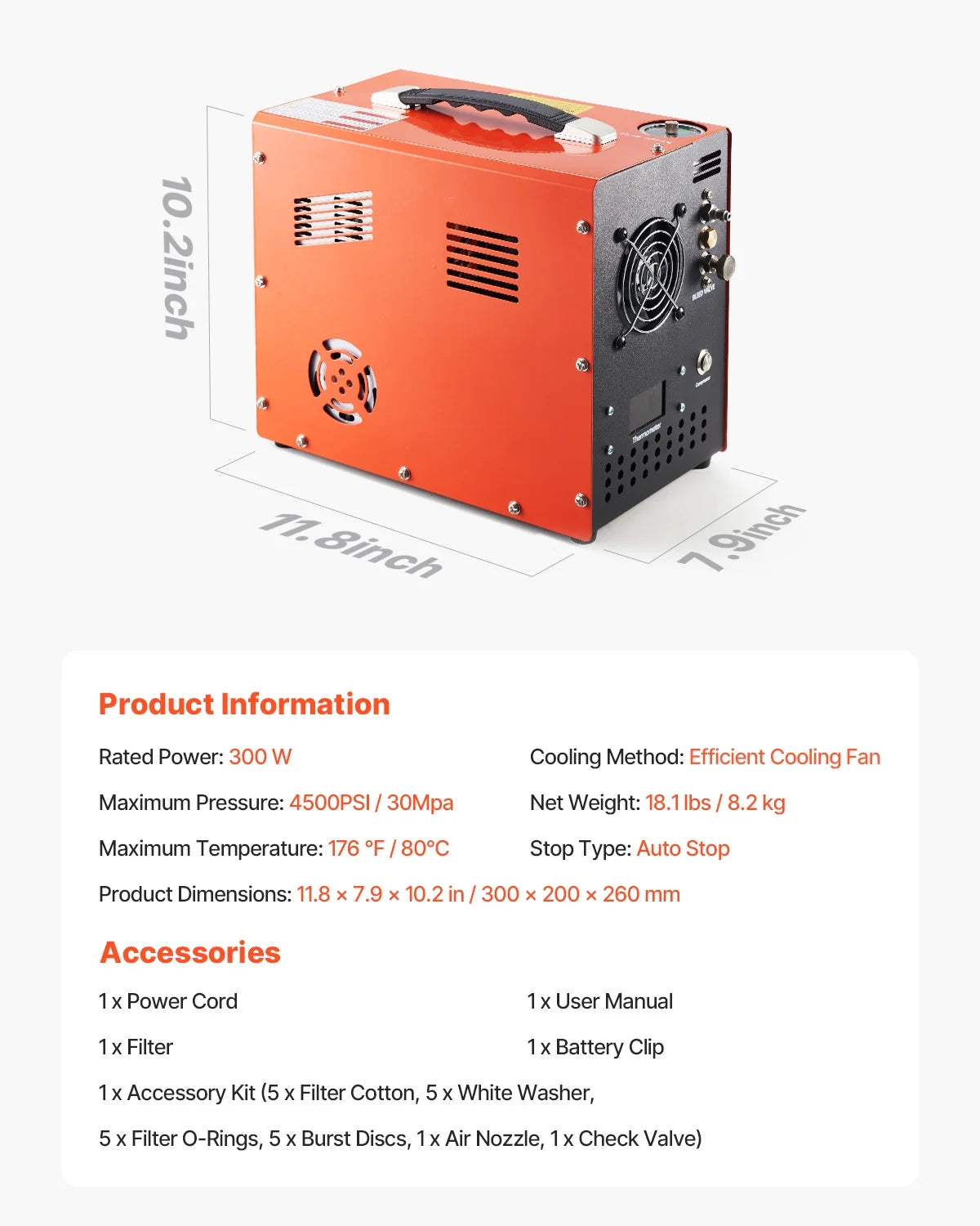KFFKFF PCP Air Compressor, 4500PSI/30Mpa PCP Airgun Compressor with Integrated Converter & Fan Cooling Mechanism, Automatic Shut-off DC12V/AC120V Compact Paintball Tank Compressor