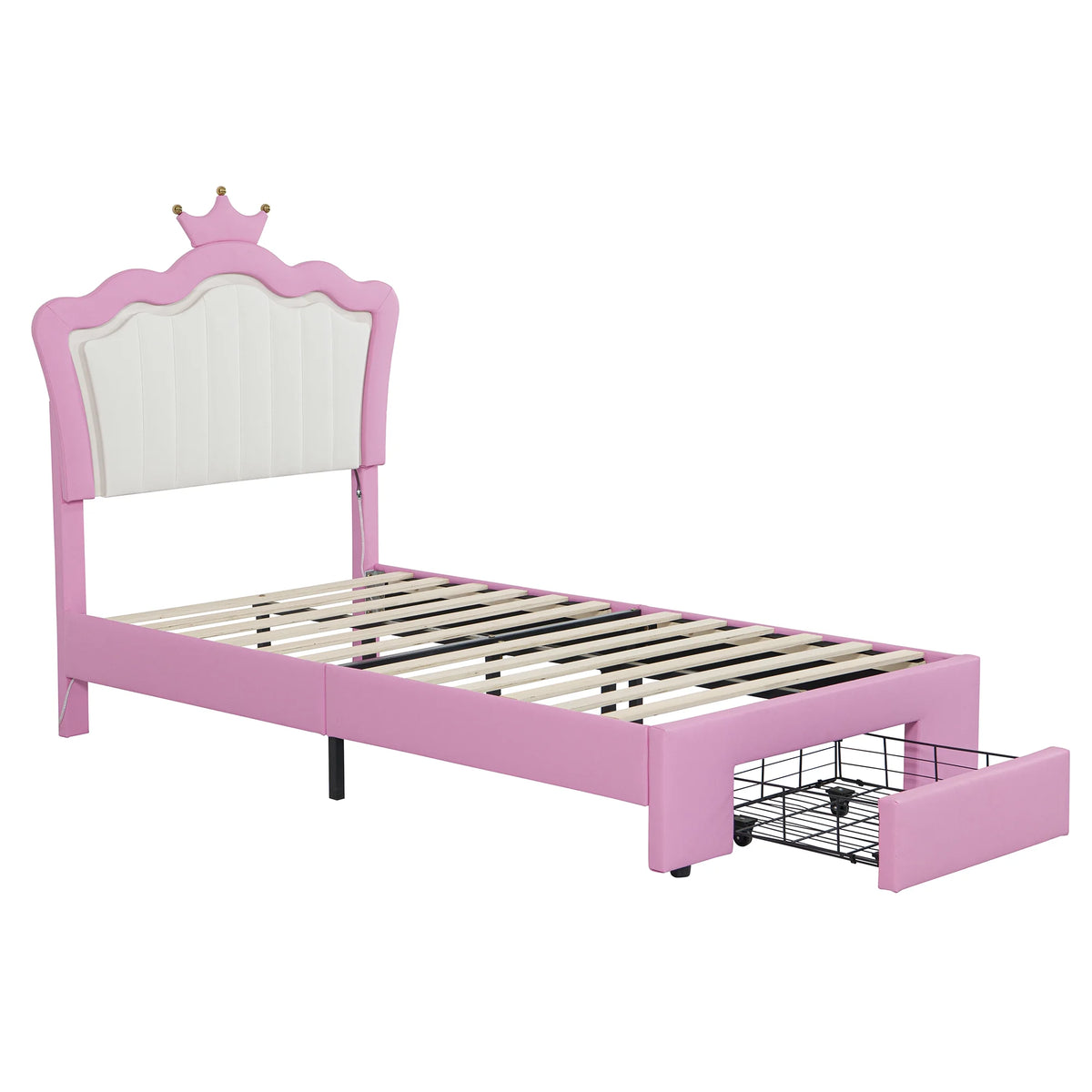 Miniyam Upholstered Twin Size Bed with LED Lights, Crown Headboard for Kids, Pink