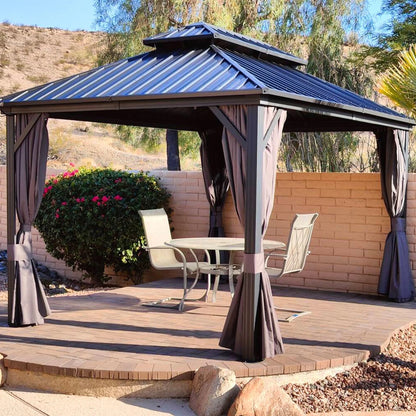 PURPLE LEAF 8' X 8' Gazebo Outdoor Gazebo Permanent Hardtop Gazebo with Galvanized Steel Double Roof for Patio Backyard Deck Aluminum Gazebo with Netting and Curtains Grey