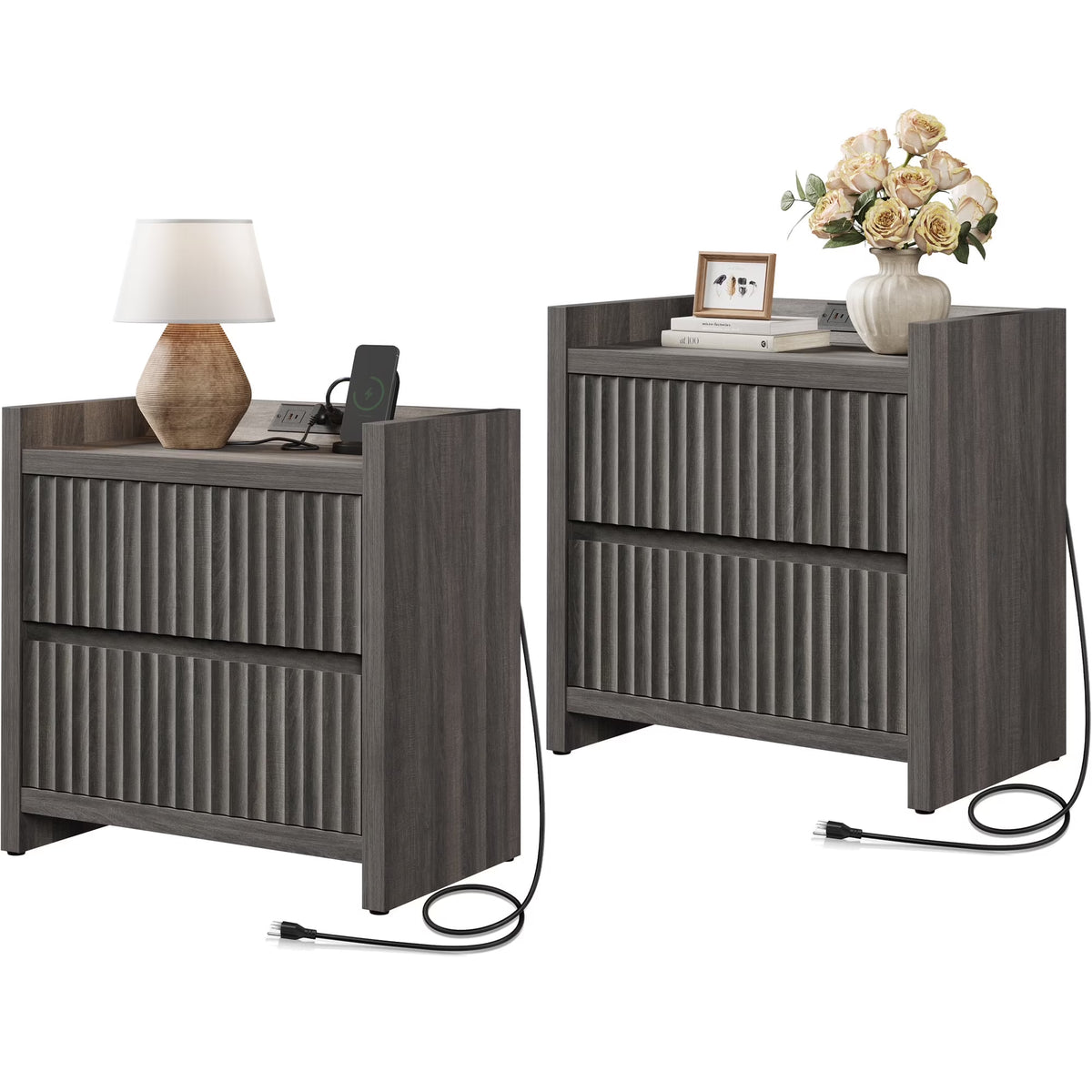 SICOTAS 25.4" Wide Nightstand Set of 2 with Charging Station, Modern Night Stand  with  2 Fluted Dresser & Handle-Less Storage Farmhouse Bed Side Table  for Bedroom, Natural Oak