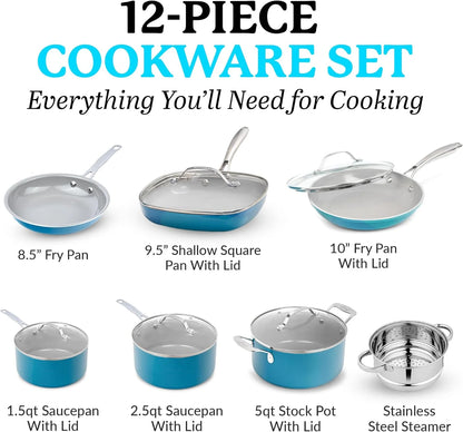 Gotham Steel 12 Pc Ceramic Cookware Set Nonstick, Pots and Pans Set Non Stick for Kitchen with Frying Pan, Sauce Pan, Pots and Pans for Cooking, Non Toxic Cookware Sets, Oven/Dishwasher Safe, Navy