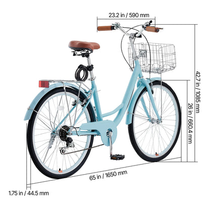 KFFKFF 26" Cruiser Bike, 7-Speed,Pale Blue Coastal Riding Bike with Spacious Basket and Back Stand, Safe & Robust Bicycle with Modifiable Saddle