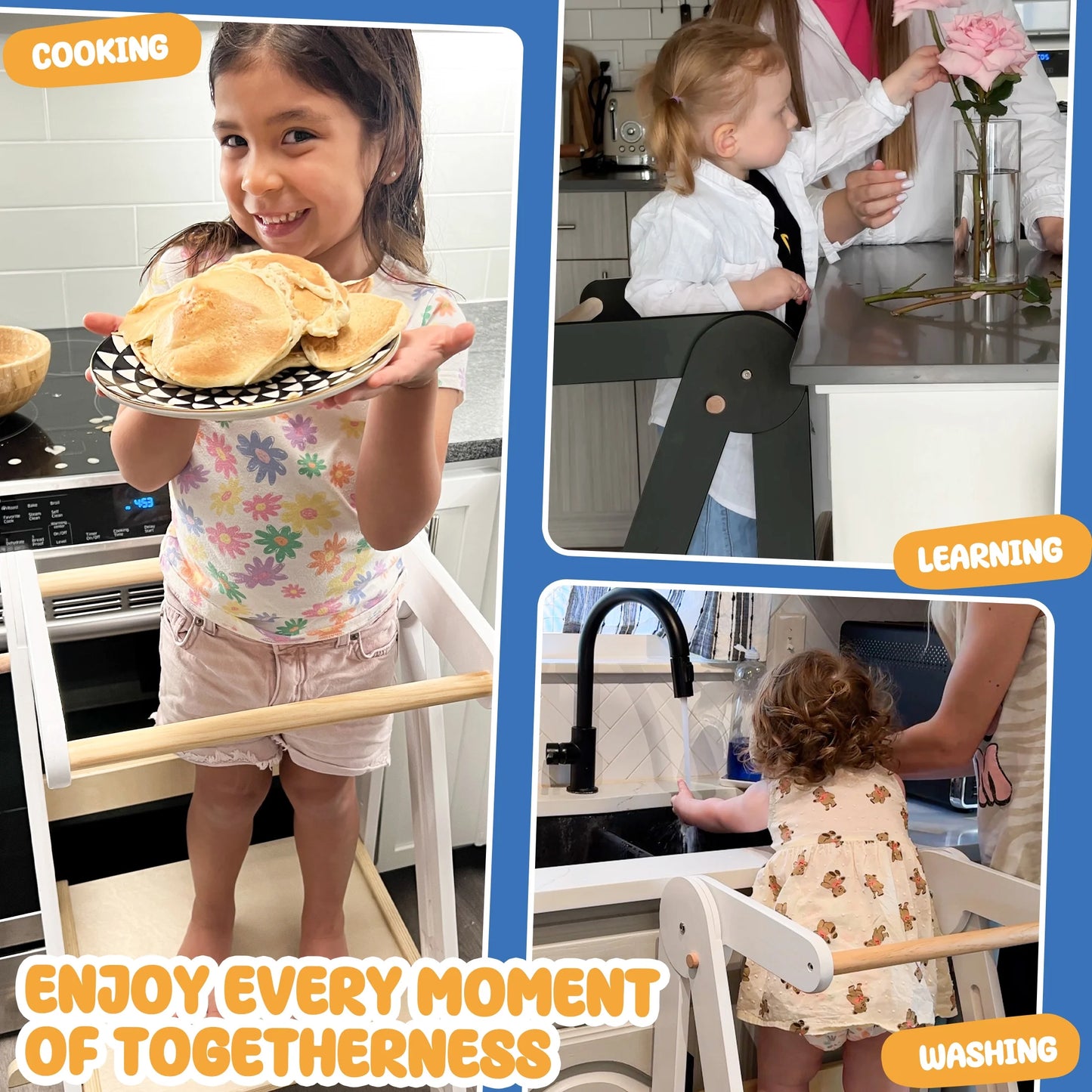 HARPPA Foldable Toddler Kitchen Tower, Standing Tower for Kids Age 1.5-6 Years, White