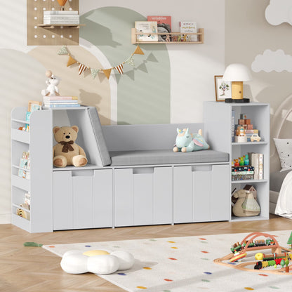 Homfa 4-in-1 Kids Toy Storage Cabinet, Bookshelf with 3 Drawers, Sturdy Toy Organizer with Reading Nook for Kids Room Playroom, Gray