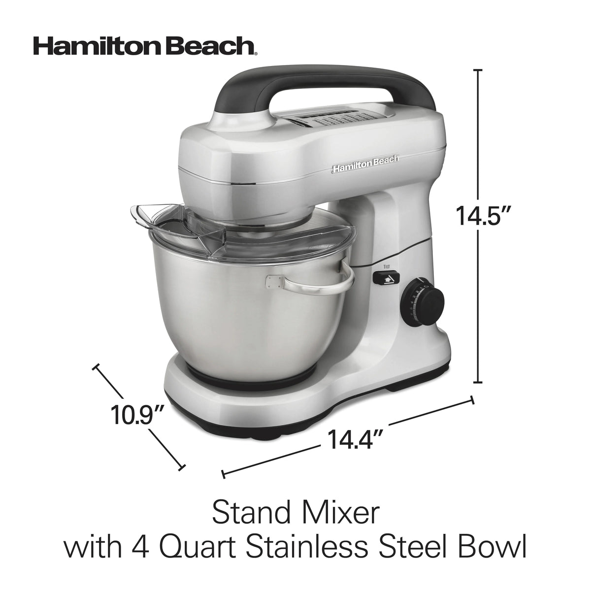 Hamilton Beach 4 Quart Stand Mixer for Kitchen, 7 Speeds, Tilt-Head, Dough Hook, Whisk & Flat Beater, Black