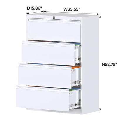 Supeer Four Drawer Metal Lateral File Cabinet, Storage White File Cabinet with Large Deep Drawers, Locking Wide File Cabinet for School, Office, Home,  Assembly Required