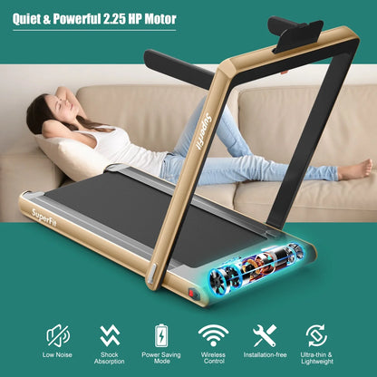 Gymax 2 in 1 Folding Treadmill 2.25HP Running Machine w/ Dual Display APP Control Black