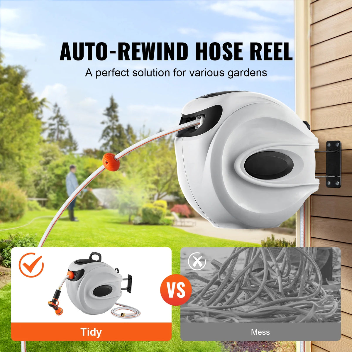 BENTISM Retractable Hose Reel, 115 ft x 1/2 inch, 180�� Swivel Bracket Wall-Mounted, Garden Water Hose Reel with 9-Pattern Nozzle, Automatic Rewind, Lock at Any Length, and Slow Return System