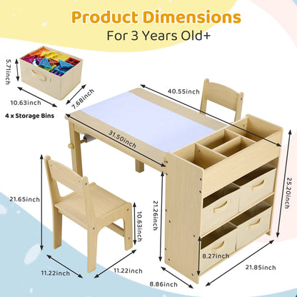 Pirecart Kids Art Table and 2 Chairs Toddler Craft Set Wooden Play Activity Drawing Table with 4 Storage Bins and Paper Roll