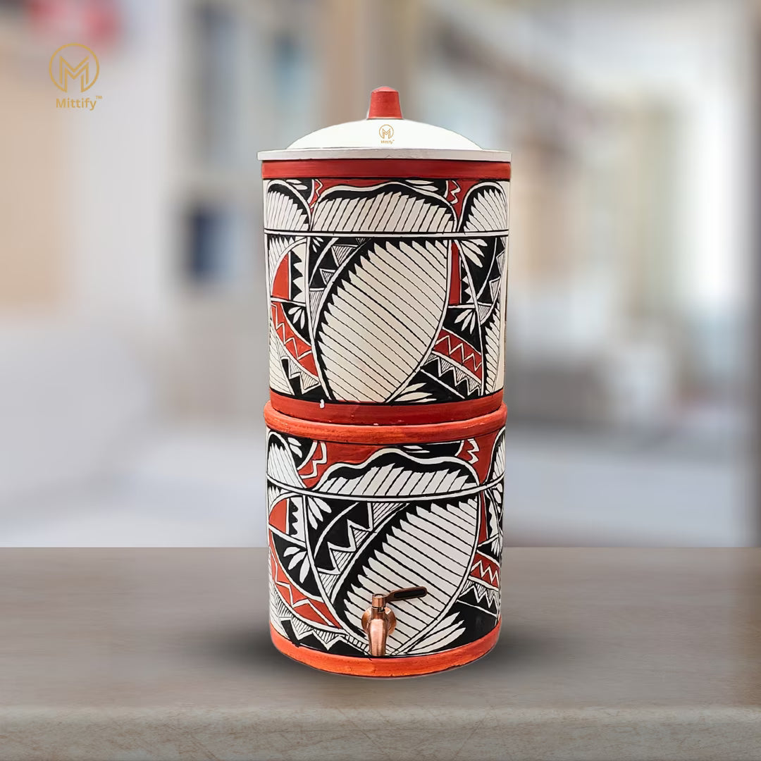Mittify Handmade Clay Water Filter with Lid & Metal Tap | Earthen Harp Design Water Filter | Eco-Friendly Clay Filter (676oz/20L)