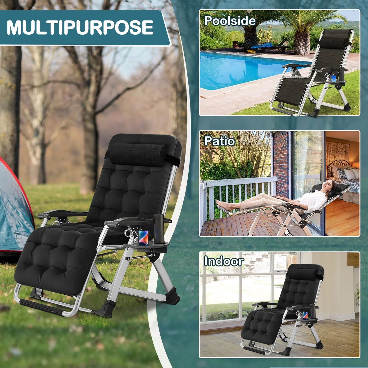 NAIZEA Zero Gravity Chair with Removable Cushion and Cup Holder Black