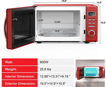 Galanz GLCMKZ09RDR09 Retro Countertop Microwave Oven with Auto Cook & Reheat, Defrost, Quick Start Functions, Easy Clean with Glass Turntable, Pull Handle, 0.9 cu ft, Red