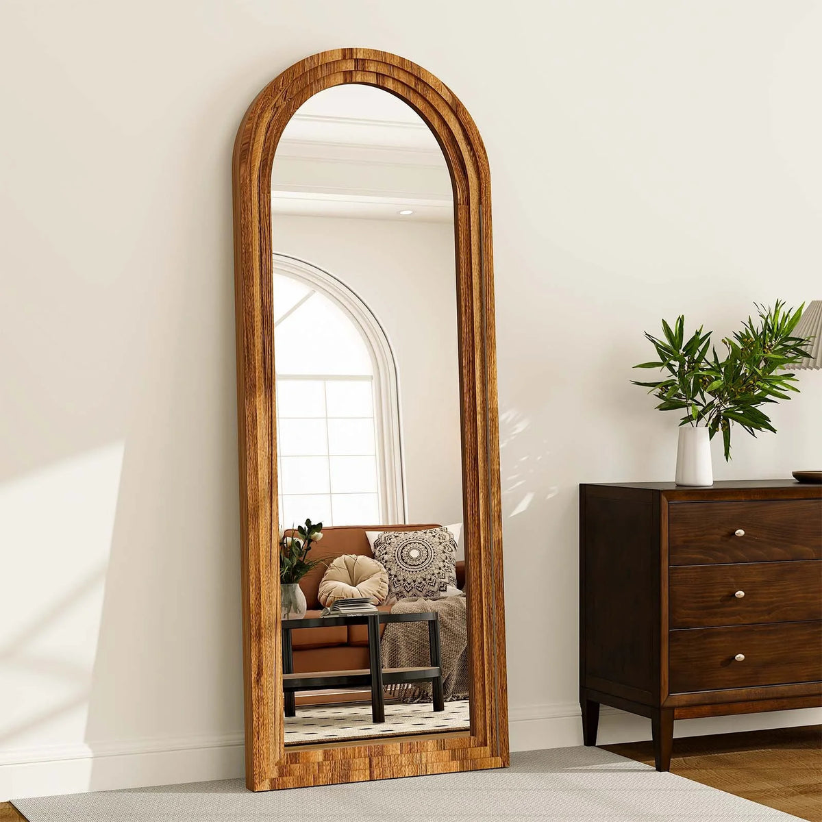 BEAUTYPEAK 21"x 64" Classic Paulownia Wood Framed Arched Full Length Mirror, Brown
