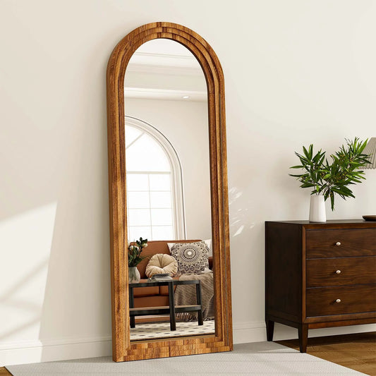 BEAUTYPEAK 21"x 64" Classic Paulownia Wood Framed Arched Full Length Mirror, Brown