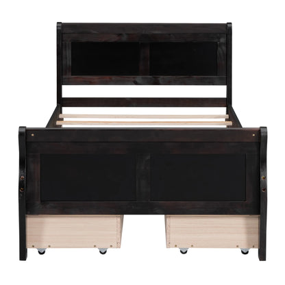 Full Size Wood Platform Bed with 4 Drawers,Storage Bed Frame with Streamlined Headboard and Footboard for Kids, Teens, Boys, Girls,Wooden Slats Support, No Box Spring Needed,Oak