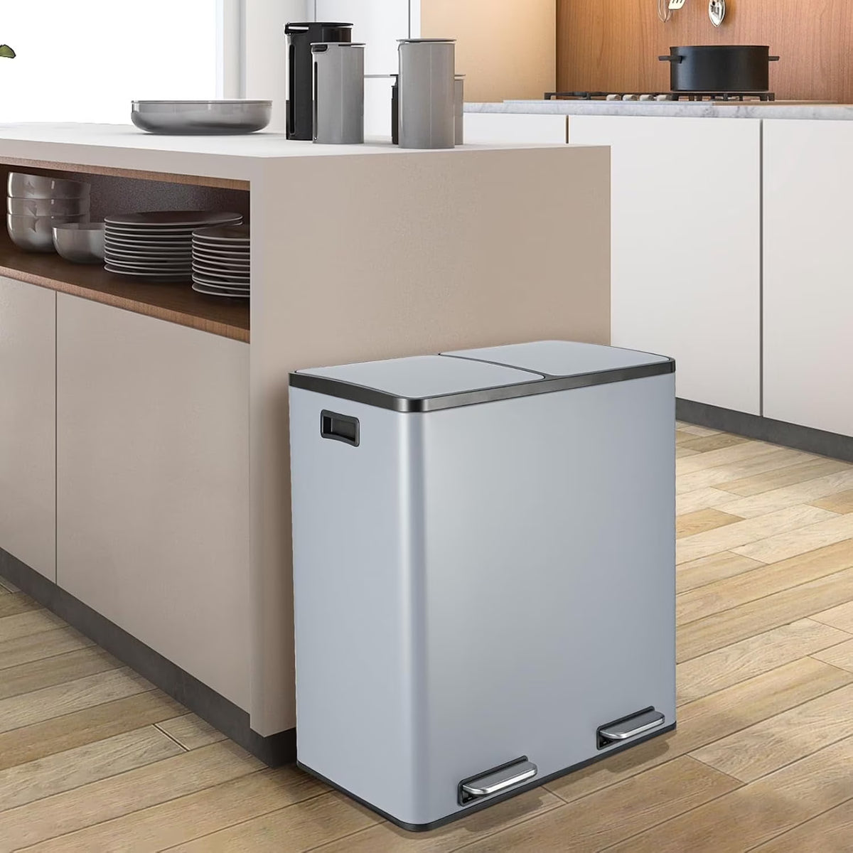 LAZY BUDDY Dual Garbage Can, Stainless Steel 16 Gallon Step Kitchen Trash Can with Soft-Close Lid, Double Compartment Garbage Recycling Bin
