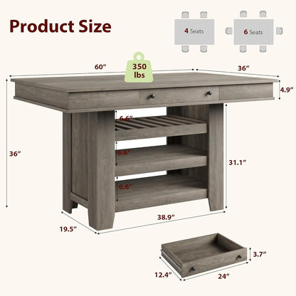 60" Counter Height Dining Table for 4,Rustic Counter Height Dining Table with Drawers& Open Shelves for Kitchen, Bar